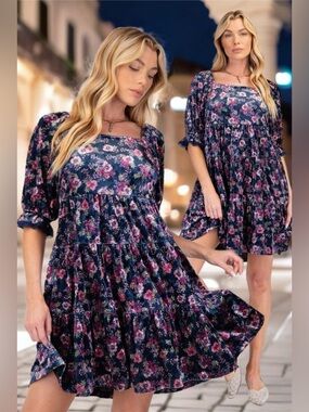 Easel Midnight Garden Velvet Tiered Mini Dress Navy Floral Half Sleeve New Small